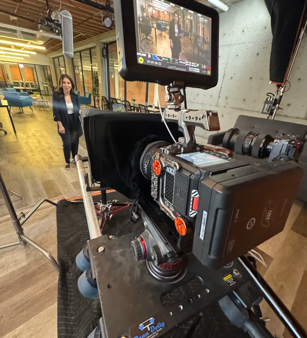 Cinema camera rig with production monitor on set